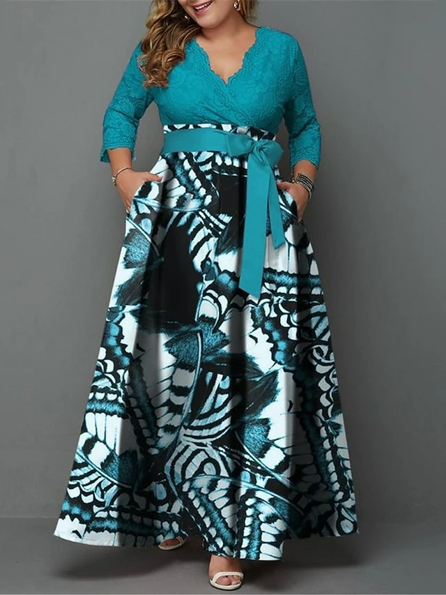 Women‘s Plus Size Curve Casual Dress Lace Dress Swing Dress Butterfly Long Dress Maxi Dress 3/4 Length Sleeve Lace Up Lace V Neck Fashion Outdoor Blue Summer Spring L XL XXL 3XL 4XL 3 Women‘s Plus Size Curve Casual Dress Lace Dress Swing Dress Butterfly Long Dress Maxi Dress 3/4 Length Sleeve Lace Up Lace V Neck Fashion Outdoor Blue Summer Spring L XL XXL 3XL 4XL