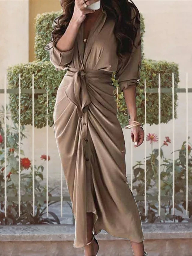 Women's Shirt Dress Casual Dress Bodycon Midi Dress Outdoor Daily Date Polyester Fashion Modern V Neck Ruched Button 3/4 Length Sleeve Summer Spring 2023 Loose Fit Brown Khaki Floral Color Block Pure 3 Women's Shirt Dress Casual Dress Bodycon Midi Dress Outdoor Daily Date Polyester Fashion Modern V Neck Ruched Button 3/4 Length Sleeve Summer Spring 2023 Loose Fit Brown Khaki Floral Color Block Pure