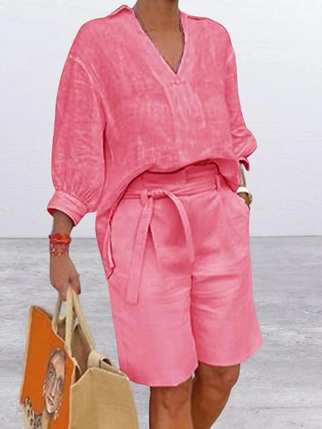 Women's Shirt Shorts Sets Pink Blue Khaki Plain Long Sleeve Casual Daily Streetwear Daily V Neck Regular Fit Fall & Winter 6 Women's Shirt Shorts Sets Pink Blue Khaki Plain Long Sleeve Casual Daily Streetwear Daily V Neck Regular Fit Fall & Winter - Image 4