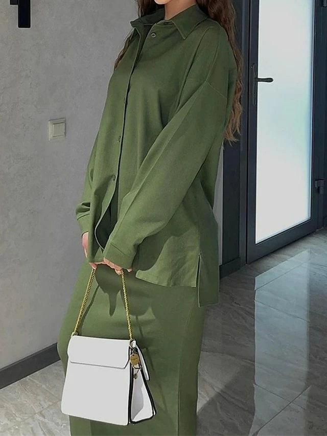 Women's Two Piece Dress Set Casual Dress Skirt Set Outdoor Daily Fashion Streetwear Button Pocket Long Dress Maxi Dress Shirt Collar Long Sleeve Plain Loose Fit Brown Green Beige Fall Winter S M L XL 5 Women's Two Piece Dress Set Casual Dress Skirt Set Outdoor Daily Fashion Streetwear Button Pocket Long Dress Maxi Dress Shirt Collar Long Sleeve Plain Loose Fit Brown Green Beige Fall Winter S M L XL - Image 3