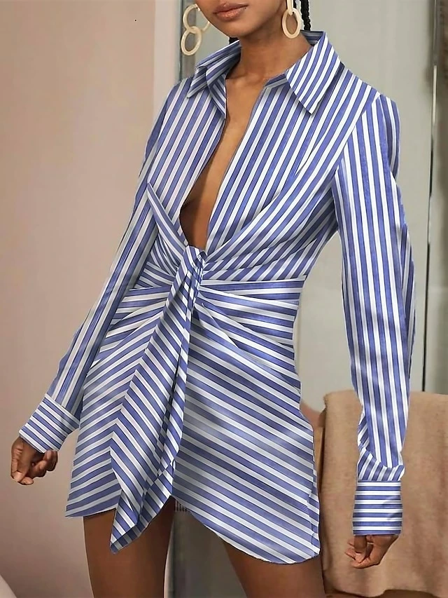 Women's Shirt Dress Casual Dress Bodycon Mini Dress Outdoor Daily Vacation Polyester Casual Shirt Collar Lace Up Long Sleeve Summer Spring Fall 2023 Regular Fit Blue Striped S M L XL 3 Women's Shirt Dress Casual Dress Bodycon Mini Dress Outdoor Daily Vacation Polyester Casual Shirt Collar Lace Up Long Sleeve Summer Spring Fall 2023 Regular Fit Blue Striped S M L XL