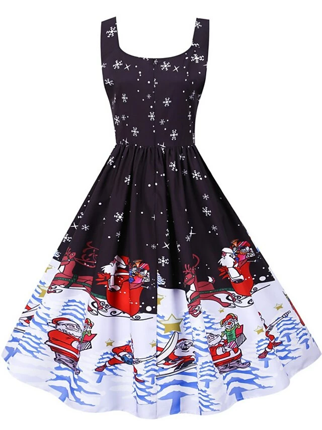 Women's Christmas Knee Length Dress Purple Black Red Navy Blue Light Blue Sleeveless Print Bow Print Fall Winter V Neck Casual Vintage2021 S M L XL XXL 17 Women's Christmas Knee Length Dress Purple Black Red Navy Blue Light Blue Sleeveless Print Bow Print Fall Winter V Neck Casual Vintage2021 S M L XL XXL - Image 15