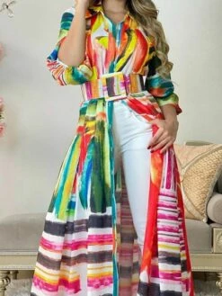Women's Casual Dress Swing Dress A Line Dress Color Block Print Button Print Shirt Collar Long Dress Maxi Dress Active Fashion Outdoor Daily Long Sleeve Regular Fit Rainbow Spring Fall S M L XL XXL