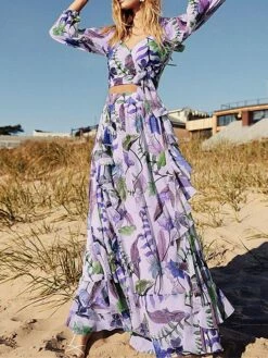 Women's Two Piece Dress Set Casual Dress Skirt Set Outdoor Daily Fashion Elegant Ruffle Print Long Dress Maxi Dress V Neck Long Sleeve Leaf Floral Regular Fit Purple Apricot Summer Spring S M L XL -LIGHTINTHEBOX Shop tstend1689579867426