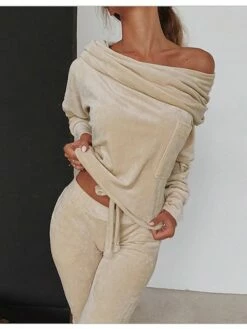 Women's Shirt Pants Sets Velvet White Khaki Solid Color Drawstring Long Sleeve Casual Daily Fashion Elegant Off Shoulder Regular Fit Fall & Winter