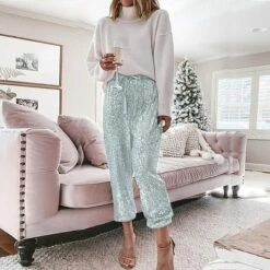 Women's Chinos Pants Trousers Silver Light Blue Champagne Gold Mid Waist Fashion Sparkle Sparkle & Shine Party Casual Weekend Sequins Micro-elastic Full Length Comfort Solid Color S M L XL XXL -LIGHTINTHEBOX Shop tulhcg1659947190636