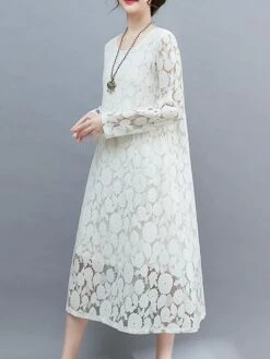 Women's Work Dress Lace Dress Black Dress Fashion Midi Dress Lace Crew Neck Long Sleeve Plain Loose Fit Black White Pink Fall Winter M L XL XXL 3XL -LIGHTINTHEBOX Shop tunlxe1693300592587