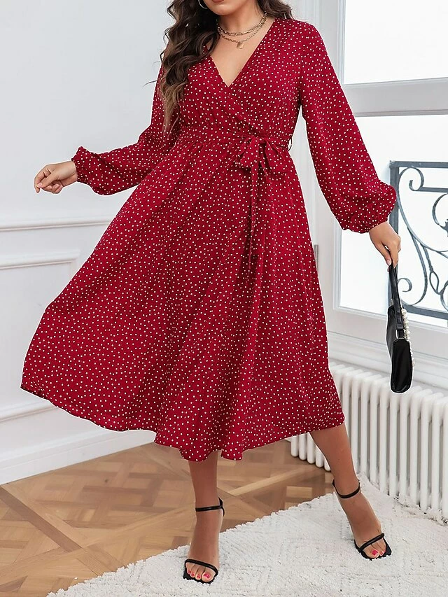 Women's Plus Size Party Dress Wedding Guest Dress Red Dress Midi Dress Red Long Sleeve Polka Dot With Belt Spring Fall Winter V Neck Fashion Winter Dress Evening Party Wedding Guest 2023 XL XXL 3XL 4 Women's Plus Size Party Dress Wedding Guest Dress Red Dress Midi Dress Red Long Sleeve Polka Dot With Belt Spring Fall Winter V Neck Fashion Winter Dress Evening Party Wedding Guest 2023 XL XXL 3XL - Image 2