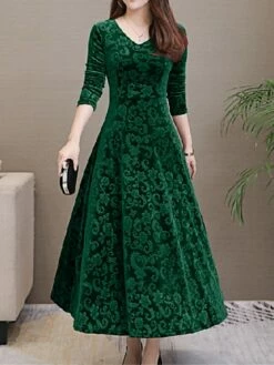 Women's Party Dress Velvet Dress Swing Dress Midi Dress Black Red Green Long Sleeve Floral Jacquard Spring Fall Winter V Neck Fashion Winter Dress Wedding Guest Vacation Slim 2023 M L XL XXL 3XL -LIGHTINTHEBOX Shop tuzezh1630489605859