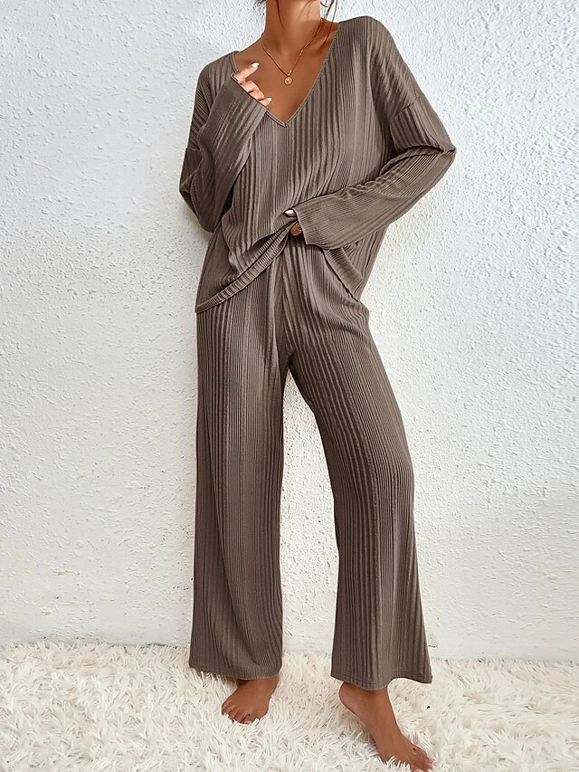 Women's Shirt Pants Sets Dark Grey Black Pink Solid Color Long Sleeve Casual Daily Daily V Neck Regular Fit Spring &Fall 5 Women's Shirt Pants Sets Dark Grey Black Pink Solid Color Long Sleeve Casual Daily Daily V Neck Regular Fit Spring &Fall - Image 3