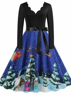 Women's Christmas Casual Dress Swing Dress Midi Dress Blue Purple Royal Blue Light Blue White Long Sleeve Santa Claus Elk Tree Bow Print Winter Fall V Neck Vacation Vintage 2022 S M L XL -LIGHTINTHEBOX Shop tvgltj1666927316982