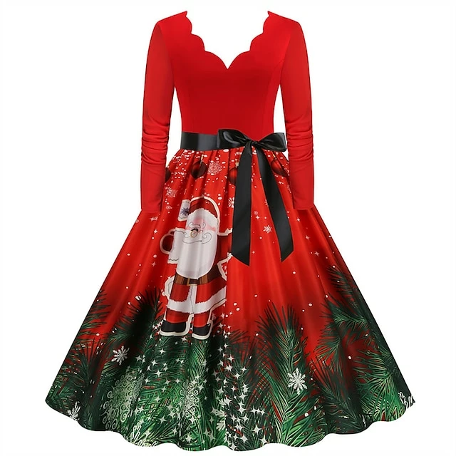Women's Christmas Party Dress Swing DressKnee Length Dress Green Wine Dark Green Red Black Long Sleeve Santa Claus Elk Snowman Print Fall Winter V Neck Vintage Party Elegant Party 2022 S M L XL XXL 16 Women's Christmas Party Dress Swing DressKnee Length Dress Green Wine Dark Green Red Black Long Sleeve Santa Claus Elk Snowman Print Fall Winter V Neck Vintage Party Elegant Party 2022 S M L XL XXL - Image 14