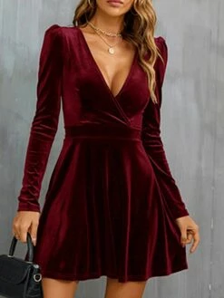Women‘s Wedding Guest Dress Homecoming Dress Party Dress Velvet Dress Green Casual Dress Wine Army Green Black Long Sleeve Pure Color Ruched Velvet Winter Fall V Neck Casual Modern -LIGHTINTHEBOX Shop twwmgr1661941394284