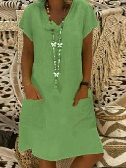 Women's Casual Dress Casual Dress Shift Dress Pure Color Pocket V Neck Midi Dress Basic Daily Vacation Short Sleeve Loose Fit Black Yellow Light Green Summer Spring S M L XL XXL -LIGHTINTHEBOX Shop txjohz1650274544958