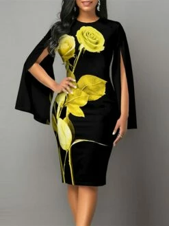 Women's Bodycon Sheath Dress Church Dress Midi Dress Black White Long Sleeve Floral Split Summer Spring Crew Neck Stylish Winter Dress Fall Dress 2023 S M L XL XXL