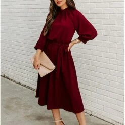 Women's Work Dress Shift Dress Church Dress Midi Dress Red Wine Green Long Sleeve Pure Color Lace Up Summer Spring Crew Neck Basic Christmas Fall Dress Loose Fit 2023 S M L XL