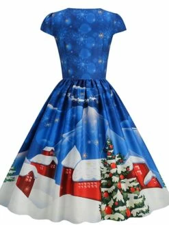 Women's Christmas Swing Dress Vintage DressKnee Length Dress Blue Wine Red Light BlueShort Sleeve Santa Claus Snowman Tree Print Fall Winter Square Neck Vintage Elegant Slim 2022 S M L XL -LIGHTINTHEBOX Shop txqsgz1665475230234