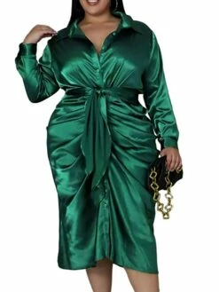 Women‘s Plus Size Curve Flattering Dresses Elegant Apple Shaped Dress Wedding Guest Work Dress Pure Color Shirt Collar Long Sleeve Fall Winter Work Midi Dress Going Out Work Dress Shirt Dress -LIGHTINTHEBOX Shop txzhvp1663665116478