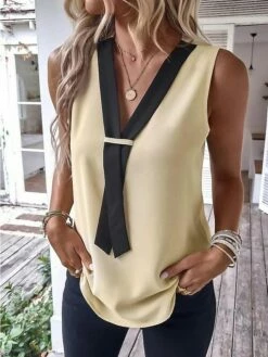 Women's Tank Top Black Brown Green Color Block Sleeveless Casual Basic V Neck Regular Fit