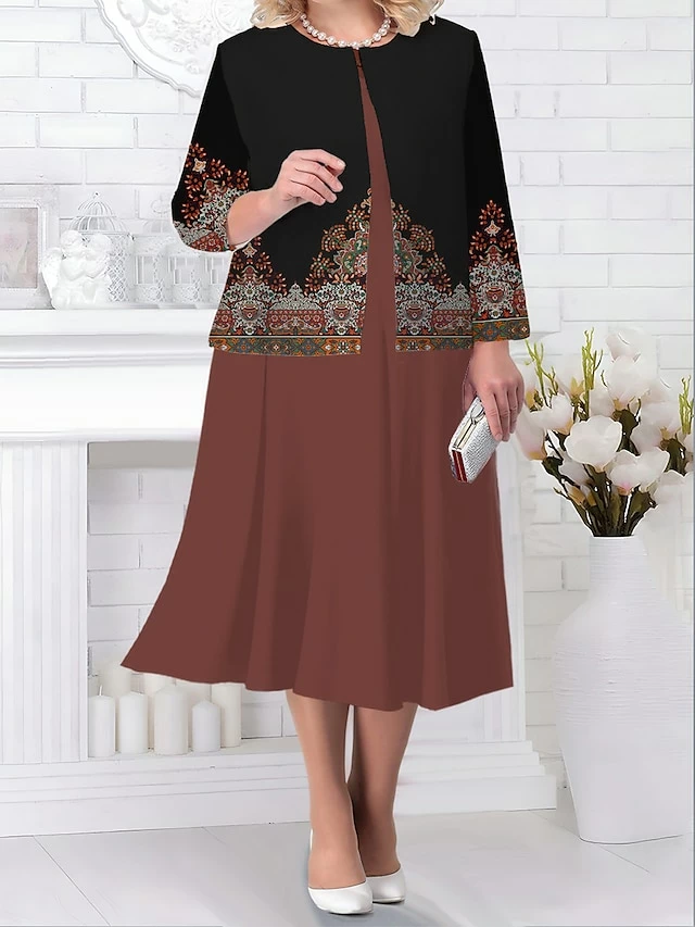 Women's Plus Size Two Piece Dress Set Casual Dress Paisley Dress Outdoor Office Fashion Streetwear Print Midi Dress Crew Neck Long Sleeve Floral Paisley Regular Fit Black Blue Brown Fall Winter L XL 3 Women's Plus Size Two Piece Dress Set Casual Dress Paisley Dress Outdoor Office Fashion Streetwear Print Midi Dress Crew Neck Long Sleeve Floral Paisley Regular Fit Black Blue Brown Fall Winter L XL