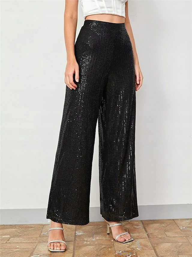 Women's Wide Leg Pants Sequin Trousers Black Mid Waist Fashion Streetwear Party Street Daily Micro-elastic Full Length Breathability Plain S M L XL 4 Women's Wide Leg Pants Sequin Trousers Black Mid Waist Fashion Streetwear Party Street Daily Micro-elastic Full Length Breathability Plain S M L XL - Image 2