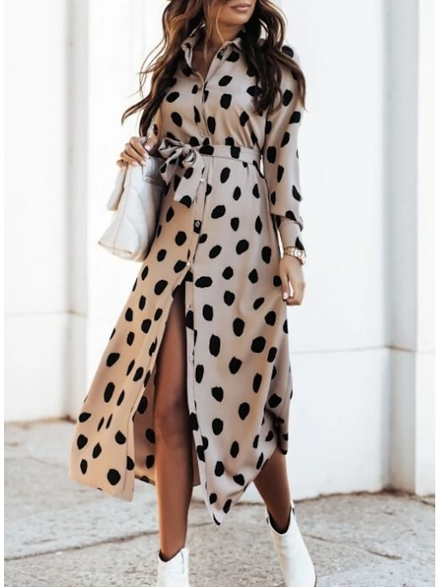 Women's Sheath Dress Midi Dress Black Yellow Light Brown Long Sleeve Polka Dot Split Winter Fall Autumn Shirt Collar Winter Dress Fall Dress Loose Fit S M L XL XXL 7 Women's Sheath Dress Midi Dress Black Yellow Light Brown Long Sleeve Polka Dot Split Winter Fall Autumn Shirt Collar Winter Dress Fall Dress Loose Fit S M L XL XXL - Image 5