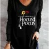 Women's T Shirt Tee Black Blue Green Letter Ghost Hocus Pocus Print Long Sleeve Home Halloween Casual Basic V Neck Loose Fit Fall & Winter