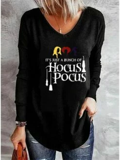 Women's T Shirt Tee Black Blue Green Letter Ghost Hocus Pocus Print Long Sleeve Home Halloween Casual Basic V Neck Loose Fit Fall & Winter
