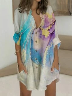 Women's Shirt Dress Casual Dress Shift Dress Mini Dress Outdoor Daily Vacation Polyester Fashion Casual Stand Collar Button Pocket Long Sleeve Summer Spring Fall 2023 Regular Fit Blue Purple Green