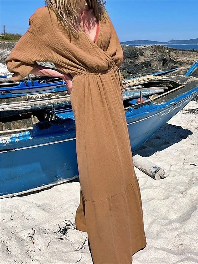 Women's Casual Dress Cotton Linen Dress Wrap Dress Maxi Long Dress Polyester Fashion Classic Outdoor Daily Holiday V Neck Ruffle Cut Out Long Sleeve Summer Spring Fall 2023 Loose Fit Brown Green Rose 9 Women's Casual Dress Cotton Linen Dress Wrap Dress Maxi Long Dress Polyester Fashion Classic Outdoor Daily Holiday V Neck Ruffle Cut Out Long Sleeve Summer Spring Fall 2023 Loose Fit Brown Green Rose - Image 7