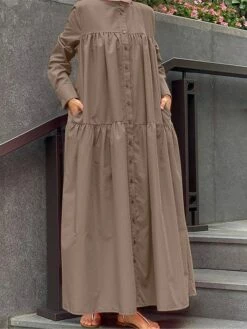 Women's Shirt Dress Casual Dress Cotton Linen Dress Maxi Long Dress Cotton Basic Classic Outdoor Daily Vacation Stand Collar Button Pocket Long Sleeve Spring Fall Winter 2023 Loose Fit Black Red Camel