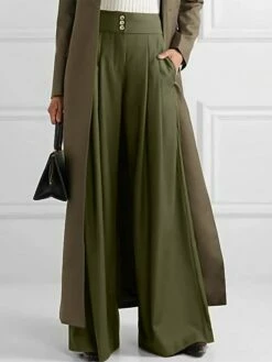 Women's Dress Pants Culottes Wide Leg Pants Trousers Full Length Side Pockets Wide Leg Micro-elastic Mid Waist Fashion Work Daily ArmyGreen Black S M