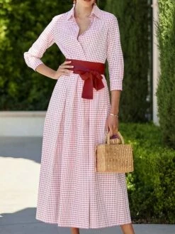 Women's Shirt Dress Casual Dress Maxi Long Dress Outdoor Winter Dress Daily Cotton Cotton And Linen Fashion Casual Shirt Collar Lace Up Pocket Long Sleeve Summer Spring Fall 2023 Regular Fit Pink