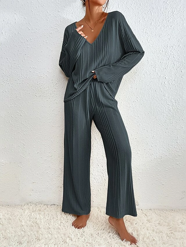 Women's Shirt Pants Sets Dark Grey Black Pink Solid Color Long Sleeve Casual Daily Daily V Neck Regular Fit Spring &Fall 22 Women's Shirt Pants Sets Dark Grey Black Pink Solid Color Long Sleeve Casual Daily Daily V Neck Regular Fit Spring &Fall - Image 20