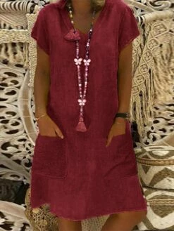 Women's Casual Dress Casual Dress Shift Dress Pure Color Pocket V Neck Midi Dress Basic Daily Vacation Short Sleeve Loose Fit Black Yellow Light Green Summer Spring S M L XL XXL -LIGHTINTHEBOX Shop ueavxs1653300325376