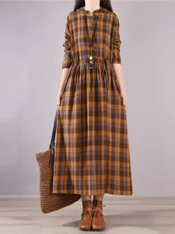 Women's Casual Dress Cotton Linen Dress Plaid Dress Midi Dress Linen / Cotton Blend Fashion Basic Outdoor Daily Holiday Stand Collar Pocket Print Long Sleeve Fall Winter Autumn 2023 Loose Fit Yellow -LIGHTINTHEBOX Shop uffkgy1693553156049