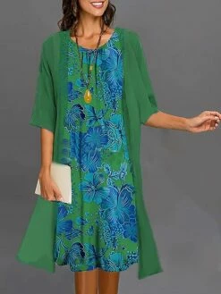 Women's Two Piece Dress Set Casual Dress Print Dress Outdoor Daily Fashion Elegant Print Midi Dress Crew Neck 3/4 Length Sleeve Floral Regular Fit Wine Navy Blue Blue Summer Spring S M L XL XXL -LIGHTINTHEBOX Shop ugdivn1687920844502