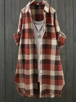 Women's Shirt Blouse Red Navy Blue Plaid Button Print Long Sleeve Daily Going Out Weekend Active Streetwear Casual Shirt Collar Regular Fit Spring Fall