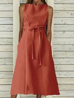 Women's Casual Dress Cotton Linen Dress A Line Dress Midi Dress Cotton And Linen Basic Classic Outdoor Daily Vacation Crew Neck Lace Up Sleeveless Summer Spring 2023 Regular Fit Navy Blue Orange -LIGHTINTHEBOX Shop uhunnj1682303580428
