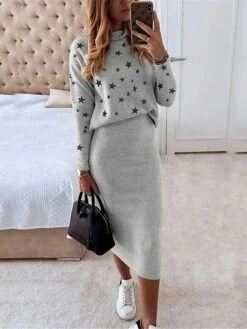 Women's Two Piece Dress Set Casual Dress Skirt Set Daily Date Streetwear Casual Print Midi Dress Turtleneck Long Sleeve Star Regular Fit White Red Navy Blue Fall Winter S M L XL -LIGHTINTHEBOX Shop uiisxn1695364274225