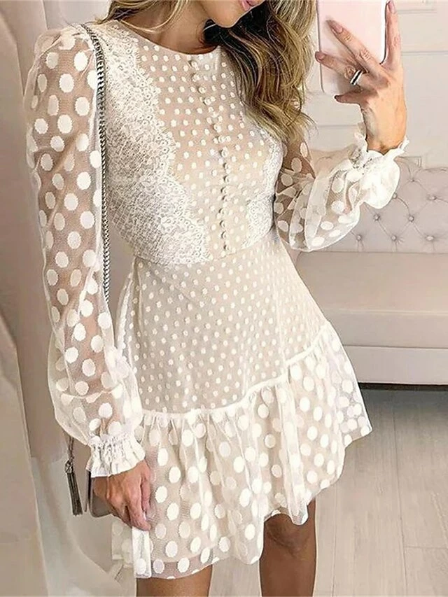 Women's Party Dress Lace Dress Wedding Guest Dress Mini Dress White Long Sleeve Polka Dot Lace Spring Fall Winter Crew Neck Fashion Birthday Wedding Guest Vacation 2023 S M L XL XXL 4 Women's Party Dress Lace Dress Wedding Guest Dress Mini Dress White Long Sleeve Polka Dot Lace Spring Fall Winter Crew Neck Fashion Birthday Wedding Guest Vacation 2023 S M L XL XXL - Image 2