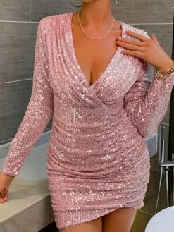 Women‘s Formal Party Dress Sequin Dress Holiday Dress Black Gold Pink Long Sleeve Pure Color Sequins Winter Fall Autumn V Neck Winter Dress 2023 S M L XL
