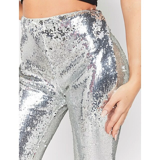 Women's Bootcut Flare Flared Pants Bell Bottom Silver Black Mid Waist Fashion Party Casual Weekend Sequins Micro-elastic Ankle-Length Comfort Plain S M L XL XXL 7 Women's Bootcut Flare Flared Pants Bell Bottom Silver Black Mid Waist Fashion Party Casual Weekend Sequins Micro-elastic Ankle-Length Comfort Plain S M L XL XXL - Image 5