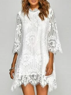 Women's Work Dress Party Dress Lace Dress Fashion Mini Dress Lace Stand Collar 3/4 Length Sleeve Plain Regular Fit Black White Spring Fall S M L XL XXL