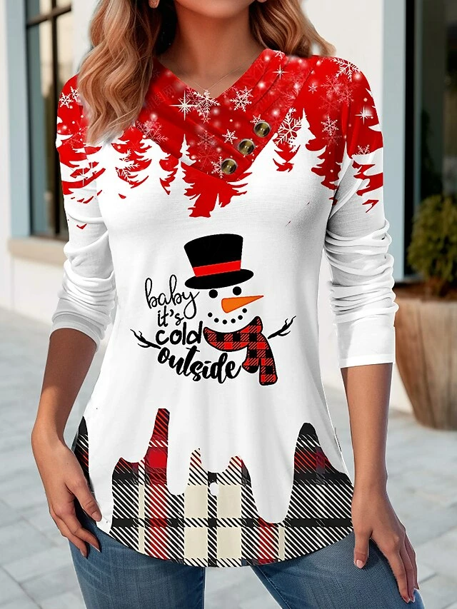Women's T Shirt Tee Christmas Shirt White Pink Wine Floral Snowman Christmas Tree Button Print Long Sleeve Party Christmas Weekend Festival / Holiday Print Christmas V Neck Regular Fit Painting 6 Women's T Shirt Tee Christmas Shirt White Pink Wine Floral Snowman Christmas Tree Button Print Long Sleeve Party Christmas Weekend Festival / Holiday Print Christmas V Neck Regular Fit Painting - Image 4