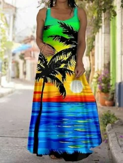 Women‘s Plus Size Curve Casual Dress Strap Dress Floral Coconut Tree Long Dress Maxi Dress Sleeveless Print Strap Fashion Outdoor Navy Blue Blue Summer Spring L XL XXL 3XL 4XL -LIGHTINTHEBOX Shop ulsqcp1684480037449
