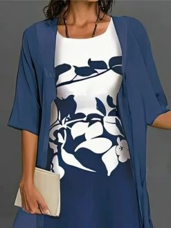 Women's Two Piece Dress Set Casual Dress Chiffon Dress Outdoor Daily Fashion Streetwear Print Midi Dress Crew Neck Half Sleeve Floral Regular Fit Dark Blue Fall Winter S M L XL XXL -LIGHTINTHEBOX Shop ulvaic1695364088169