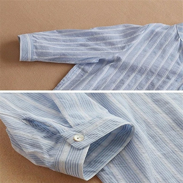Blouse Women's Light Blue Black Khaki Stripes Button Front Office S 6 Blouse Women's Light Blue Black Khaki Stripes Button Front Office S - Image 4