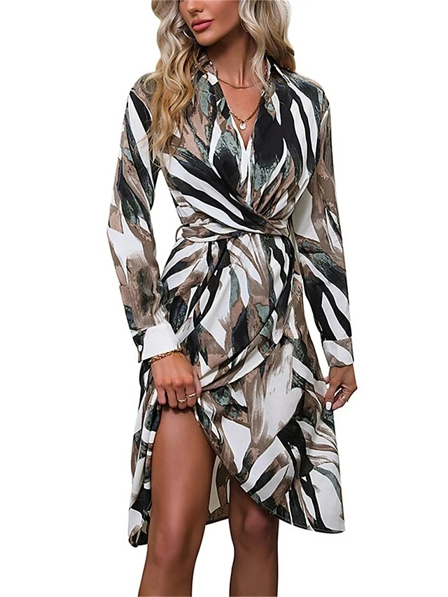 Women's Work Dress Casual Dress Swing Dress Fashion Office Daily Workfashion Midi Dress Lace Up Split V Neck Long Sleeve Print Regular Fit Brown Fall Winter S M L XL 5 Women's Work Dress Casual Dress Swing Dress Fashion Office Daily Workfashion Midi Dress Lace Up Split V Neck Long Sleeve Print Regular Fit Brown Fall Winter S M L XL - Image 3