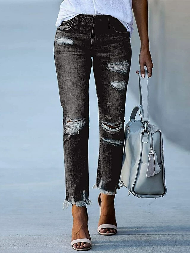 Women‘s Low Rise Jeans Skinny Pants Trousers Full Length Denim Ripped Micro-elastic Mid Waist Fashion Streetwear Street Daily Black Dark Navy S M Fall Winter 4 Women‘s Low Rise Jeans Skinny Pants Trousers Full Length Denim Ripped Micro-elastic Mid Waist Fashion Streetwear Street Daily Black Dark Navy S M Fall Winter - Image 2